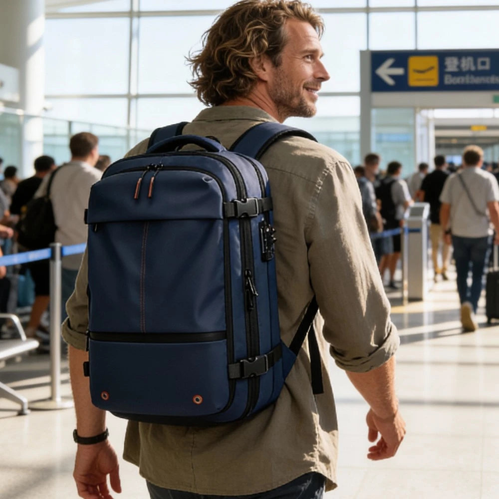 Voyageur avec un sac à dos de compression MoovNext à la porte d'embarquement Image