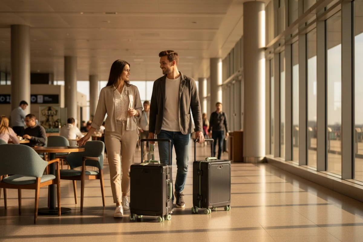 Couple de voyageurs avec la valise cabine Élite Front Connect Lifestyle de MoovNext, format compact idéal pour l'avion. Image