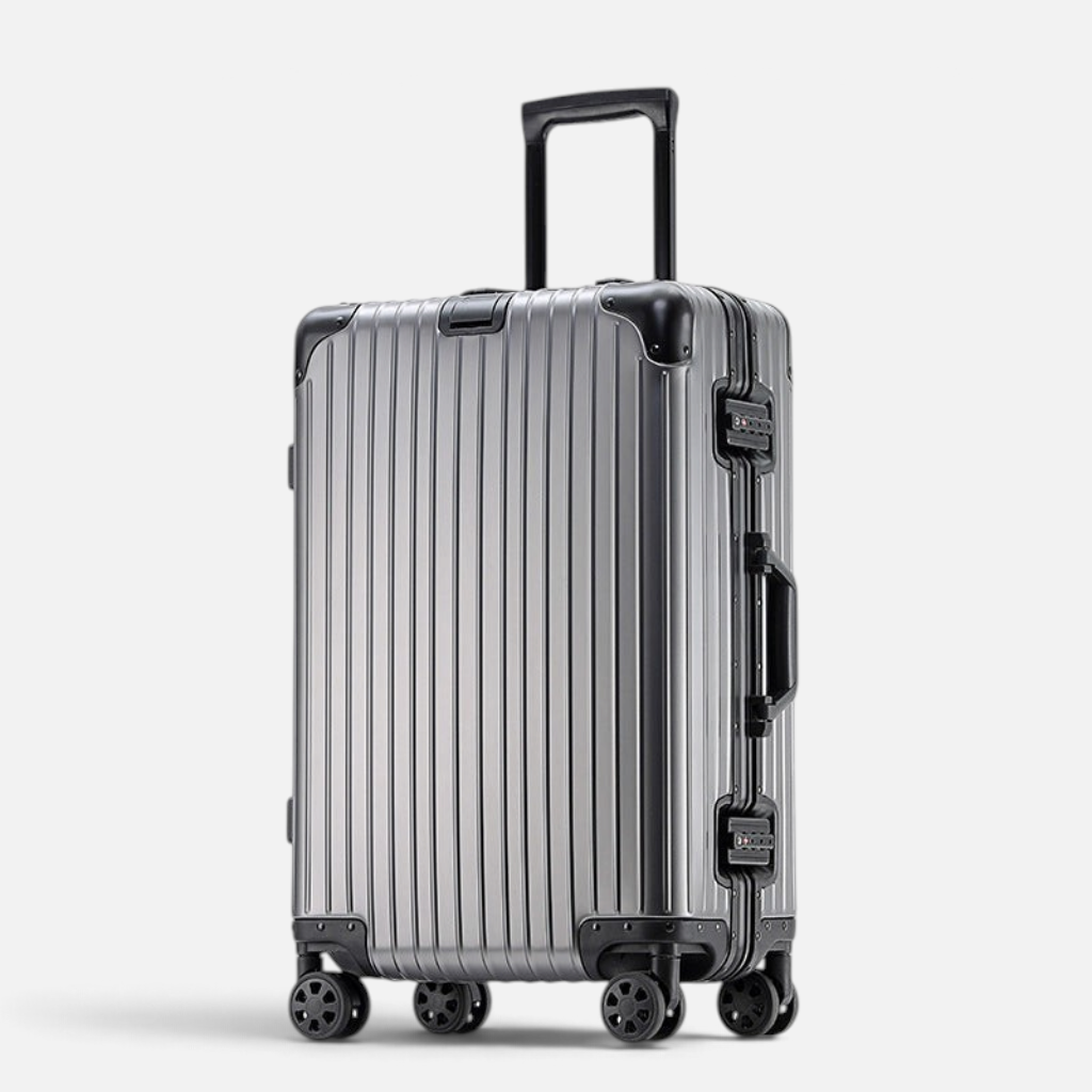 Valise rigide MoovNext AURA en alliage d'aluminium noir argenté avec coins renforcés et roues multidirectionnelles