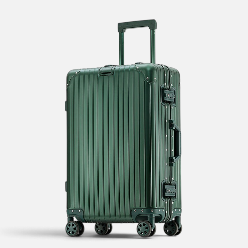 Valise MoovNext AURA en aluminium et magnésium vert forêt avec design rainuré et roulettes multidirectionnelles